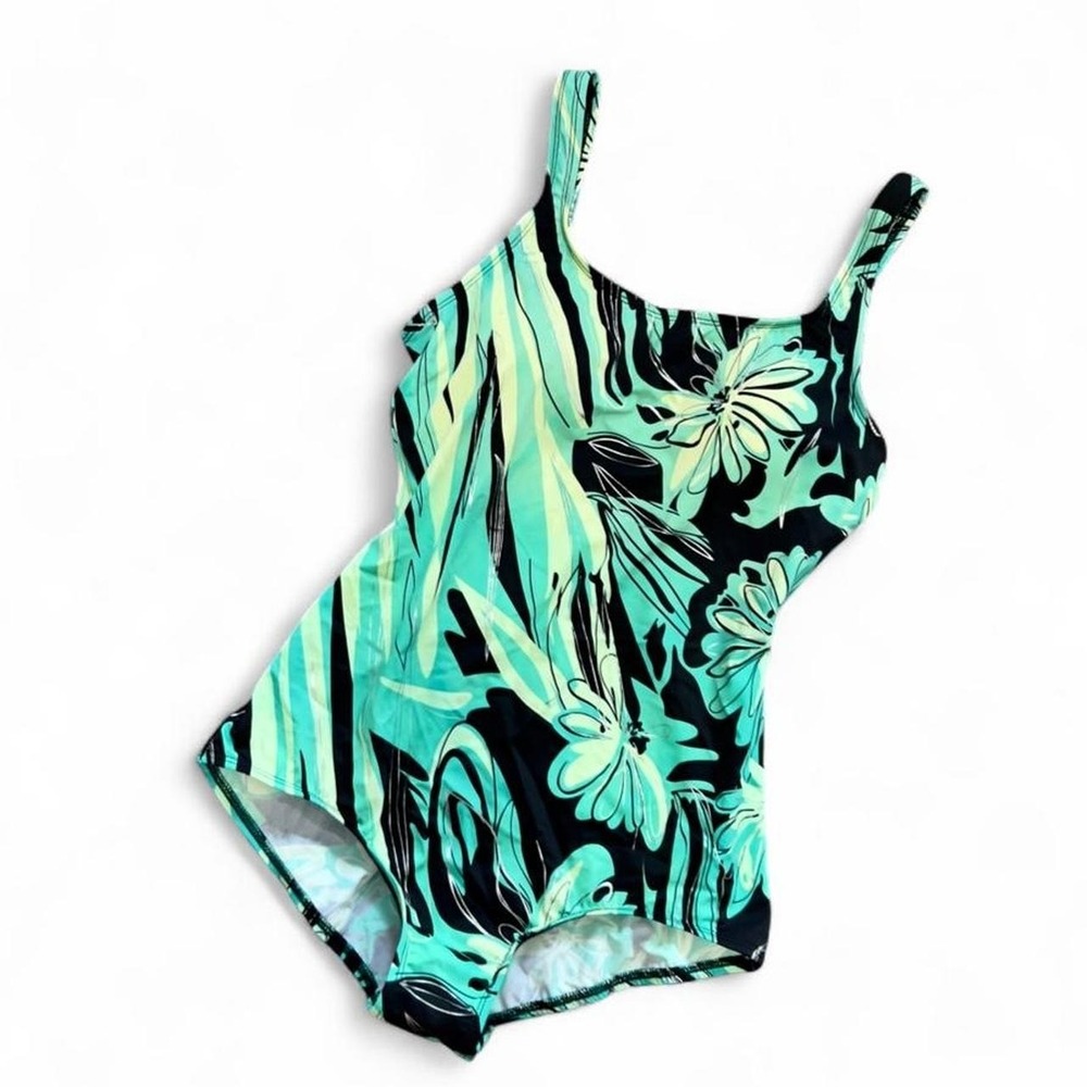 Dippin' Daisy's Green & Black Floral One Piece Swimsuit Fits Large Vintage - Picture 2 of 7